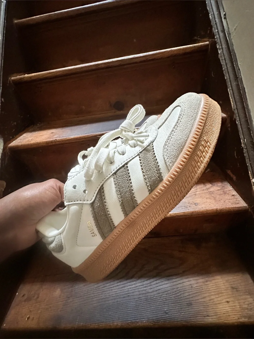 adidas Samba Low-Profile Sneakers in White and Taupe with Gum Sole